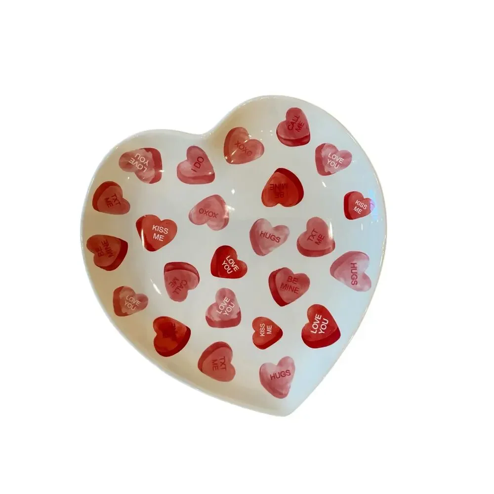 4 Maxcera Conversation Heart Valentine Dinner Plates 10in Ceramic Red & White